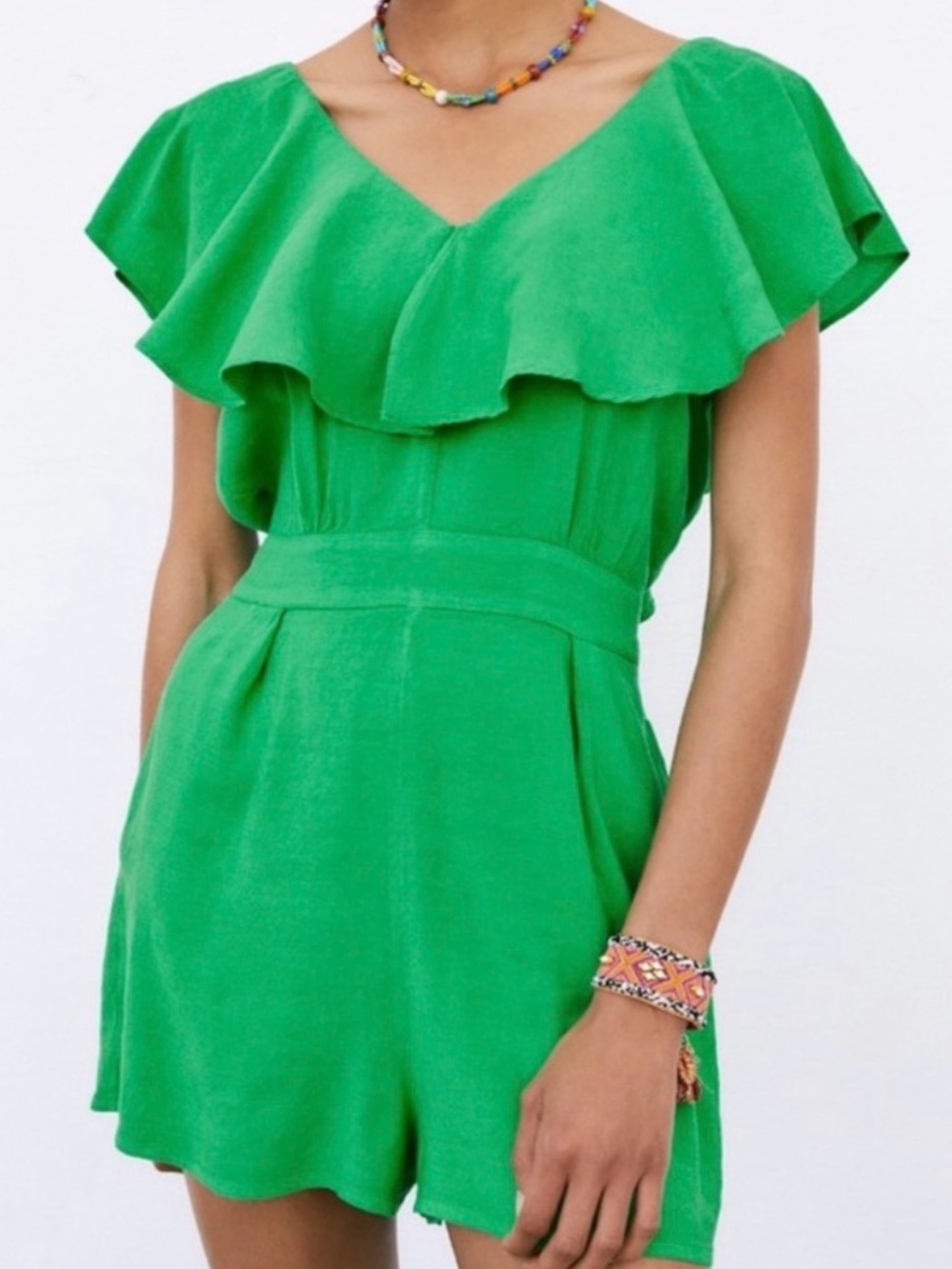 Zara Bright Green Romper With Flutter Sleeves and Tie in Back.  Size XS